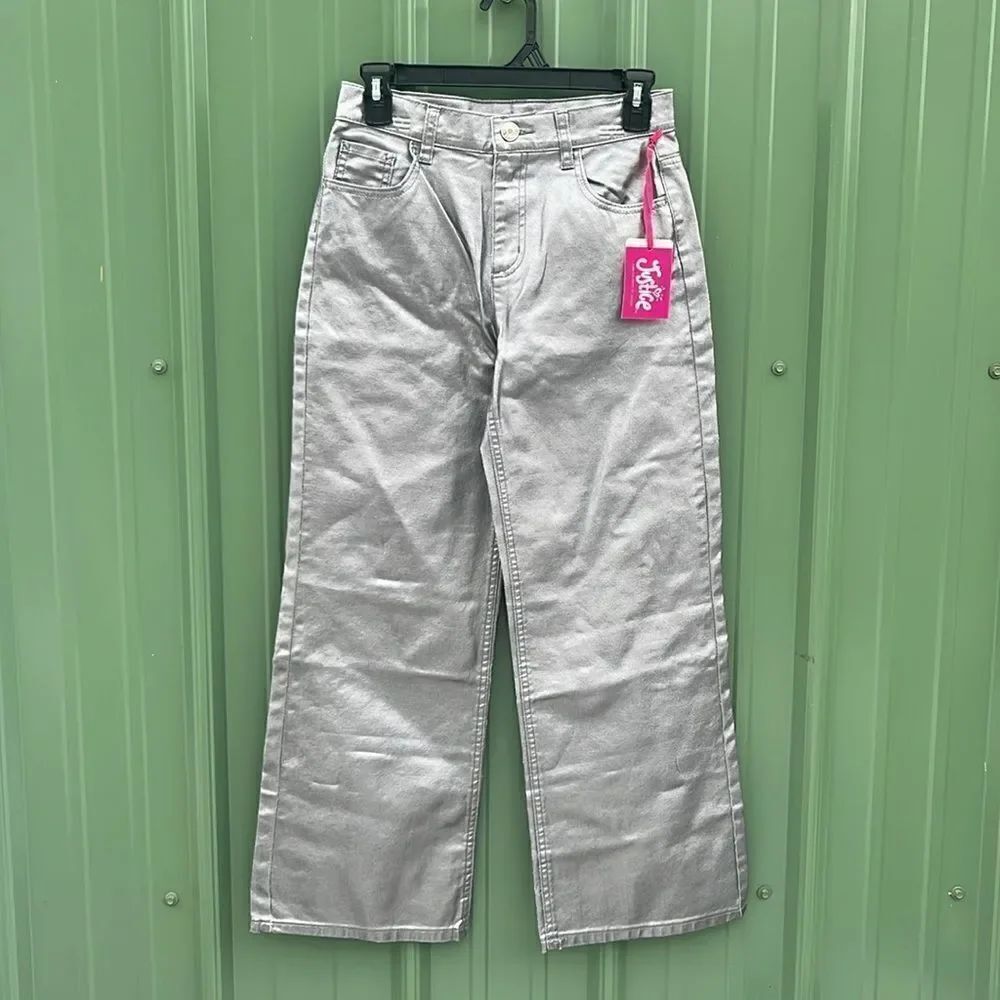 Girls Wide Leg Silver Denim Pleather Pants Size 12